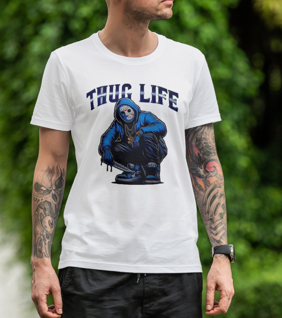 Thug Life Masked Man Sitting With Knife In Blue Hoodie And Sneakers T-Shirt