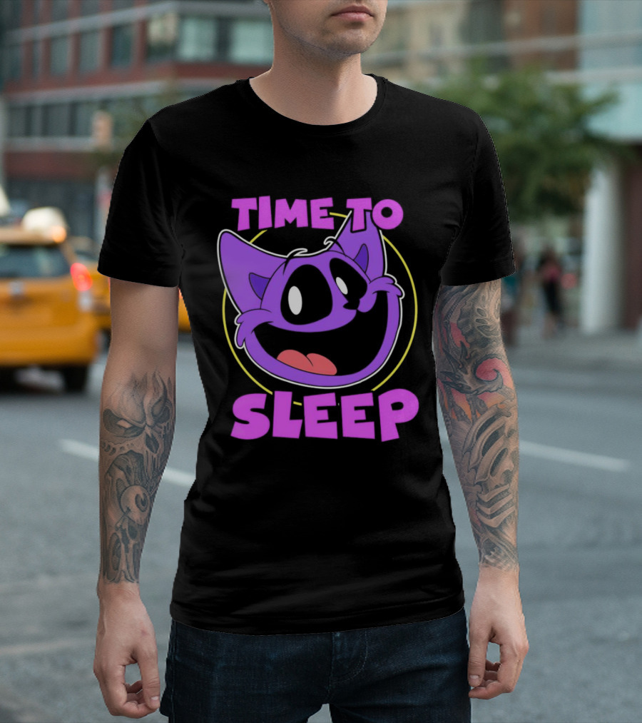Time To Sleep Purple Cat Cartoon Face T-Shirt