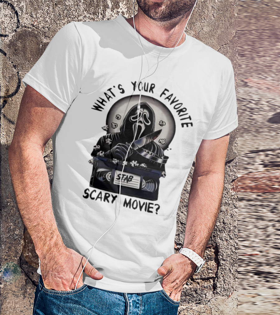 What's Your Favorite Scary Movie Ghostface Stab VHS Popcorn T-Shirt