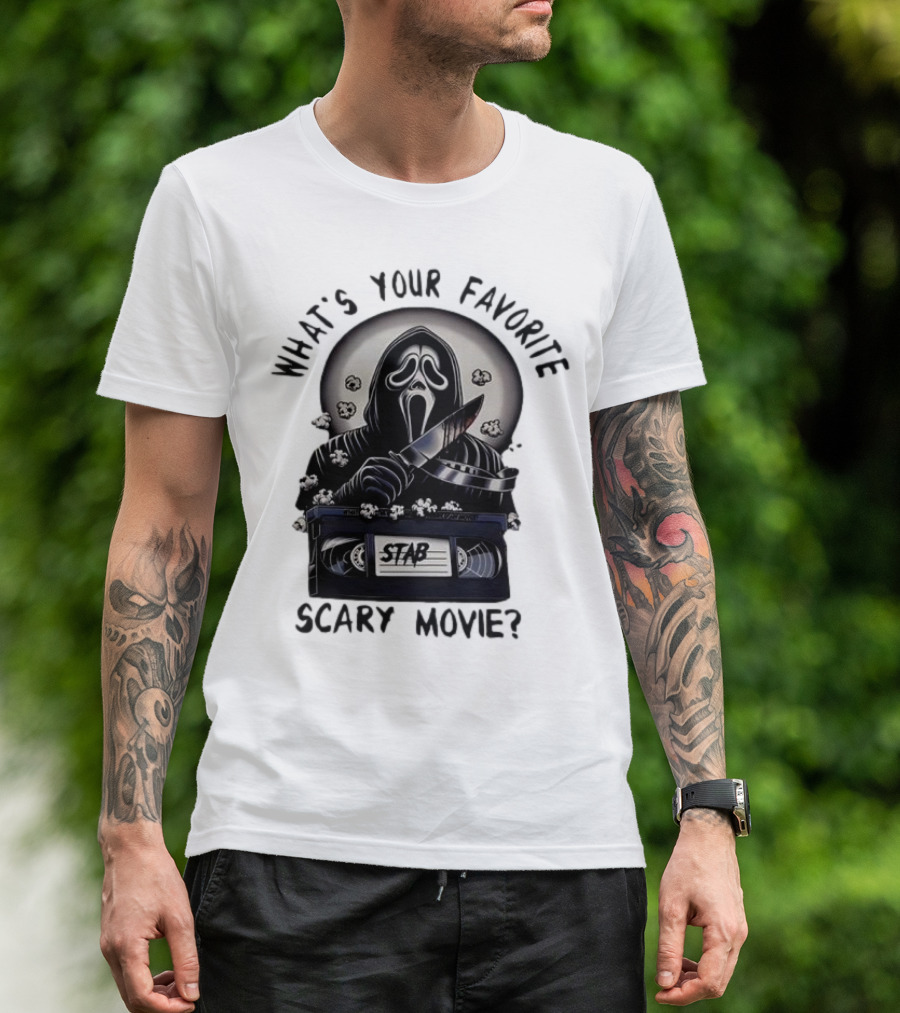 What's Your Favorite Scary Movie Ghostface Stab VHS Popcorn T-Shirt