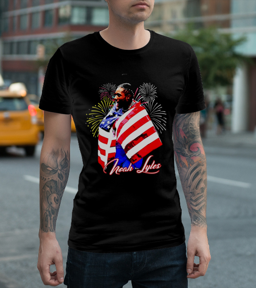 Noah Lyles with American Flag Fireworks T-Shirt