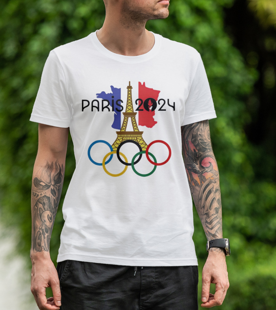 Paris 2024 Eiffel Tower France Flag Olympic Rings T-Shirt