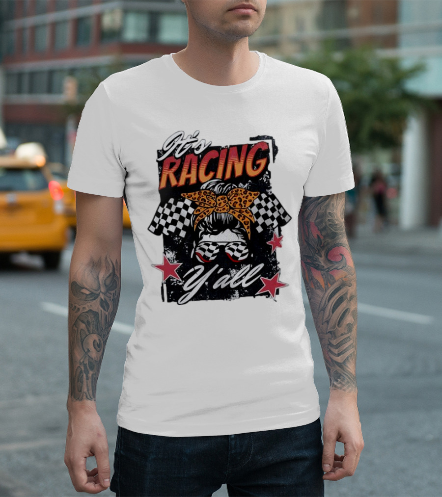 It's Racing Y'all Racing Girl Checkered Flag Leopard Print Bow T-Shirt