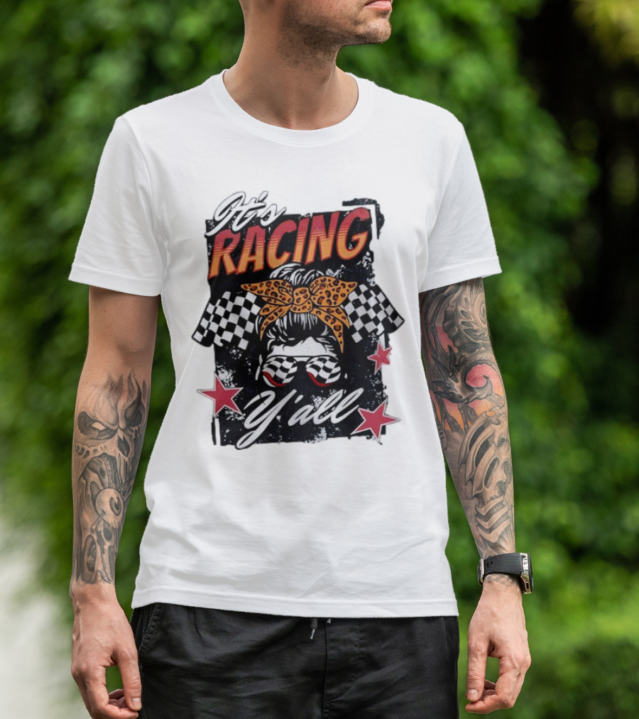 It's Racing Y'all Racing Girl Checkered Flag Leopard Print Bow T-Shirt