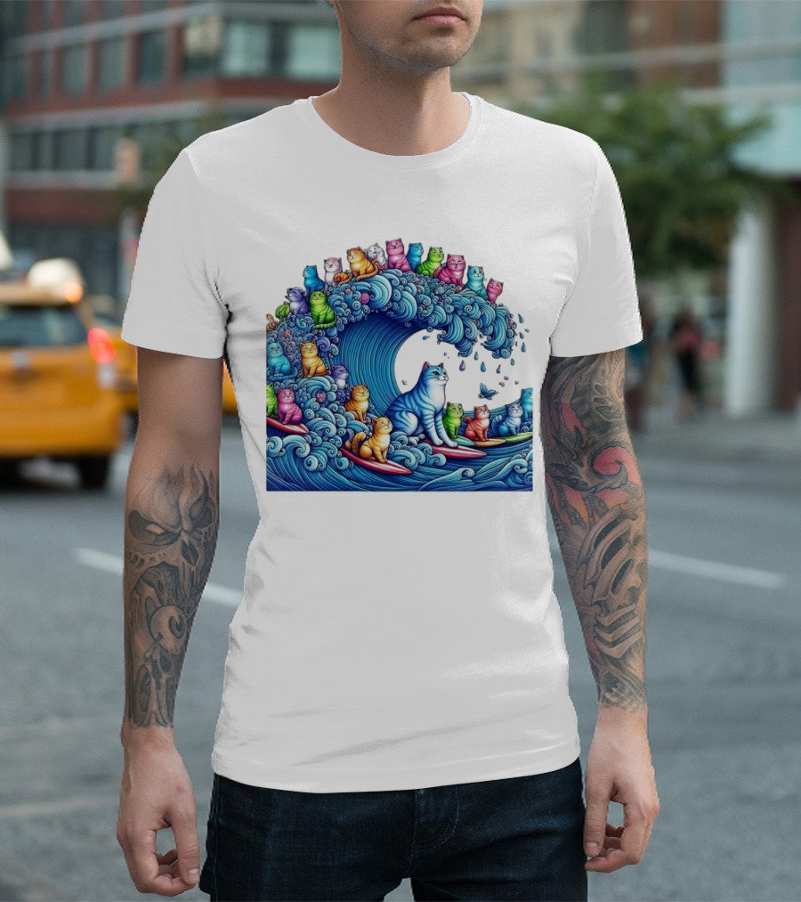 Cats Surfing in a Colorful Wave Bringing Joy T-Shirt