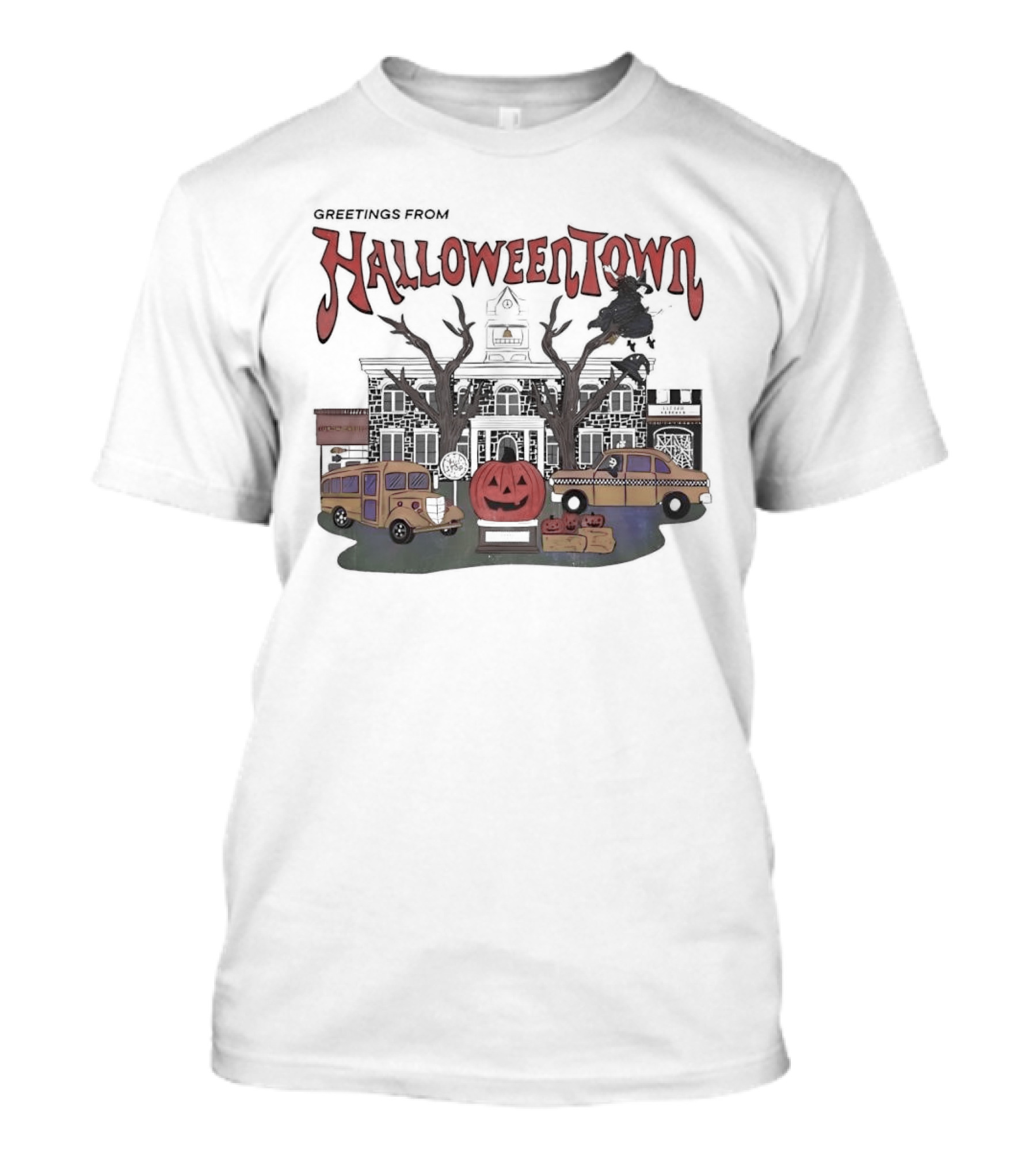Greetings From Halloweentown Spooky House Pumpkin Taxis School Bus And Witch T-Shirt