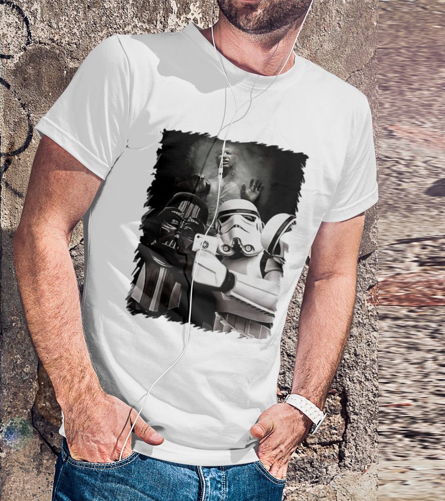 Star Wars Darth Vader And Stormtrooper Taking Selfie With Han Solo Frozen In Carbonite T-Shirt
