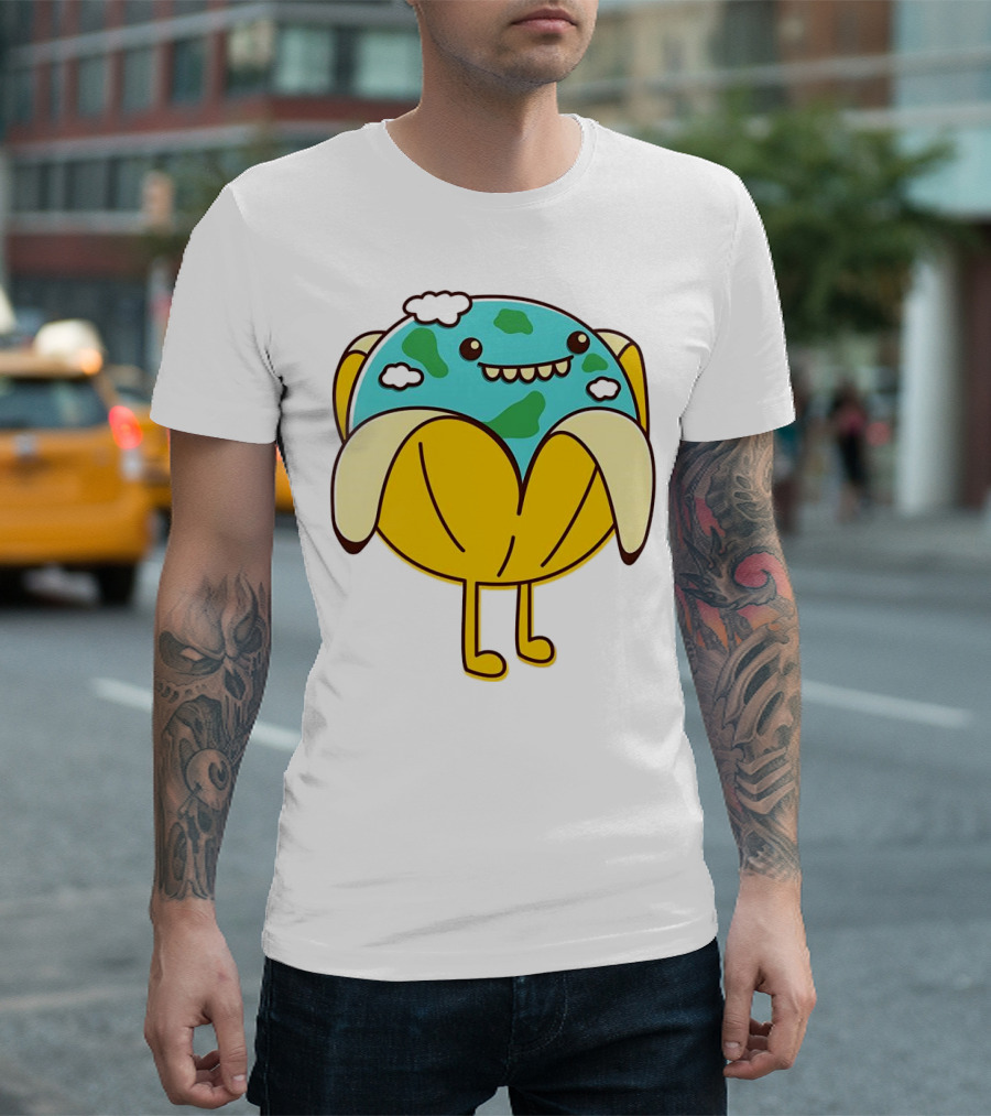 The World Has Gone Bananas Earth in a Peel with Clouds and Smiley Face T-Shirt