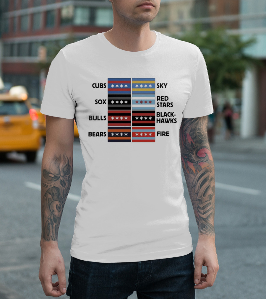 Chicago Cubs Sox Bulls Bears Sky Red Stars Blackhawks Fire Flag T-Shirt