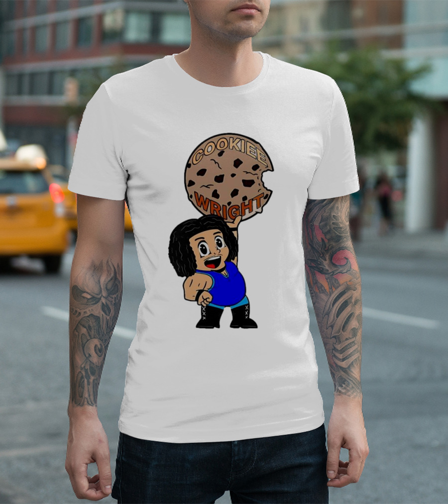 COOKIEE WRIGHT Cartoon Character Holding Chocolate Chip Cookie T-Shirt