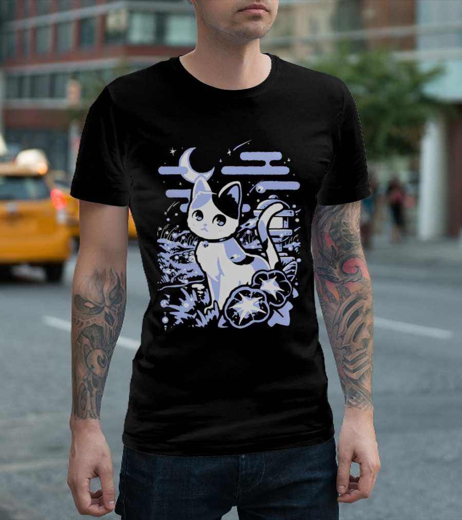 A Cat Amidst Moonlit Fireflies and Stars T-Shirt