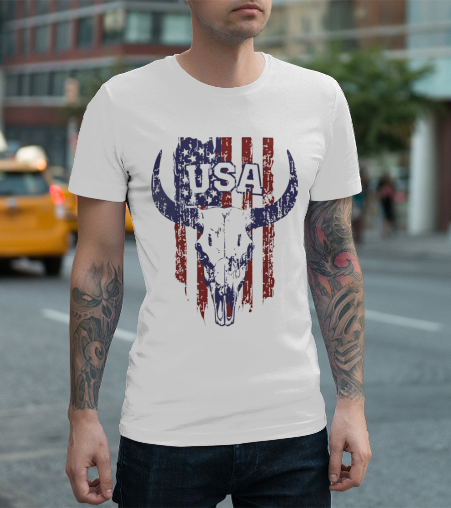 USA Buffalo Skull American Flag Patriotic T-Shirt