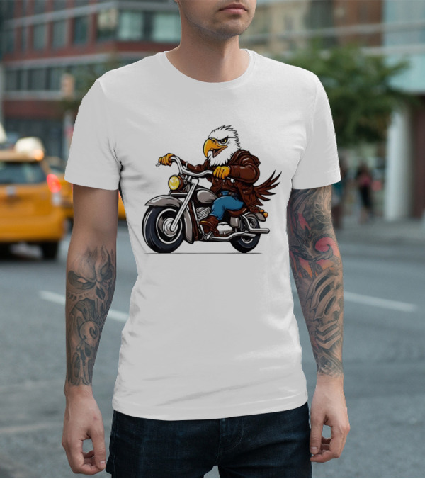 Eagle Riding Motorcycle In Brown Jacket And Blue Jeans T-Shirt