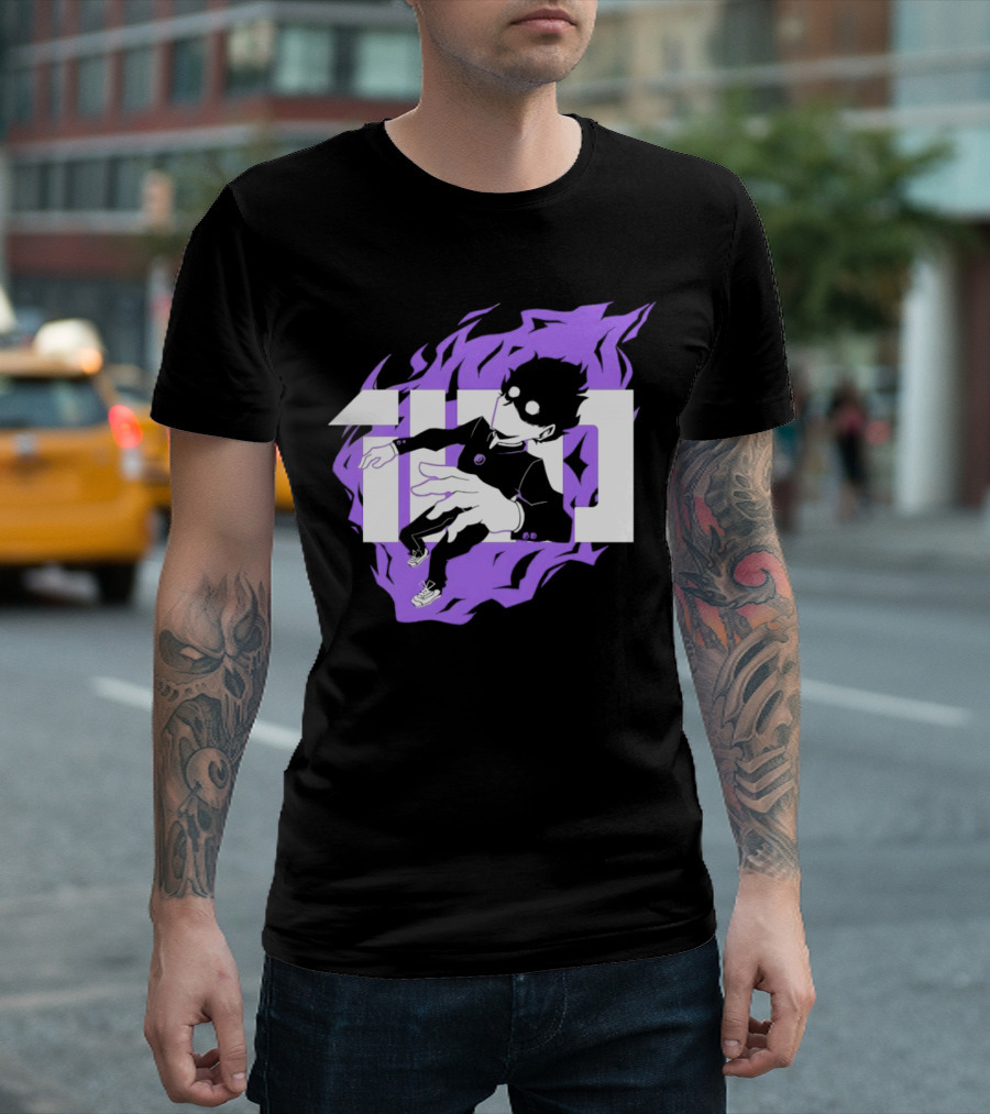 Mob Psycho 100 Psyched Out Character with Purple Aura and Bold Typography T-Shirt