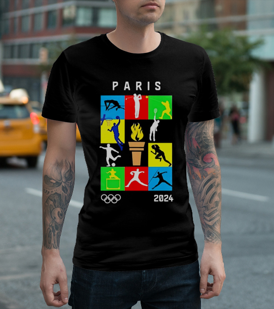 Paris 2024 Olympics Diverse Sports Silhouettes and Torch T-Shirt