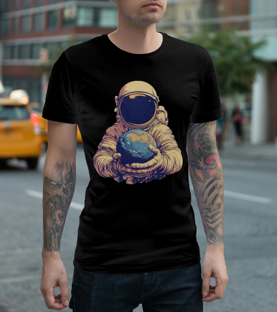Astronaut Embracing Planet Earth Cosmic Guardians of Home T-Shirt