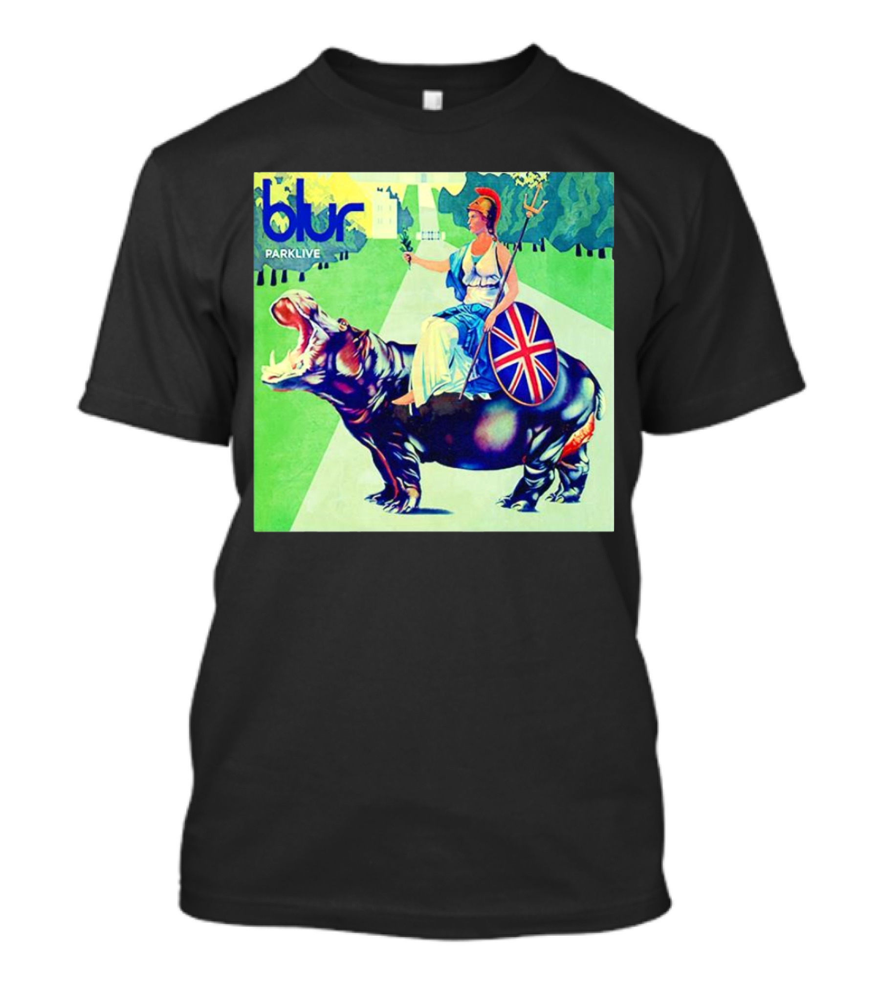 Blur Parklive Woman On Hippopotamus With Union Jack Shield T-Shirt