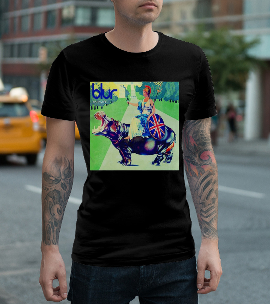 Blur Parklive Woman On Hippopotamus With Union Jack Shield T-Shirt