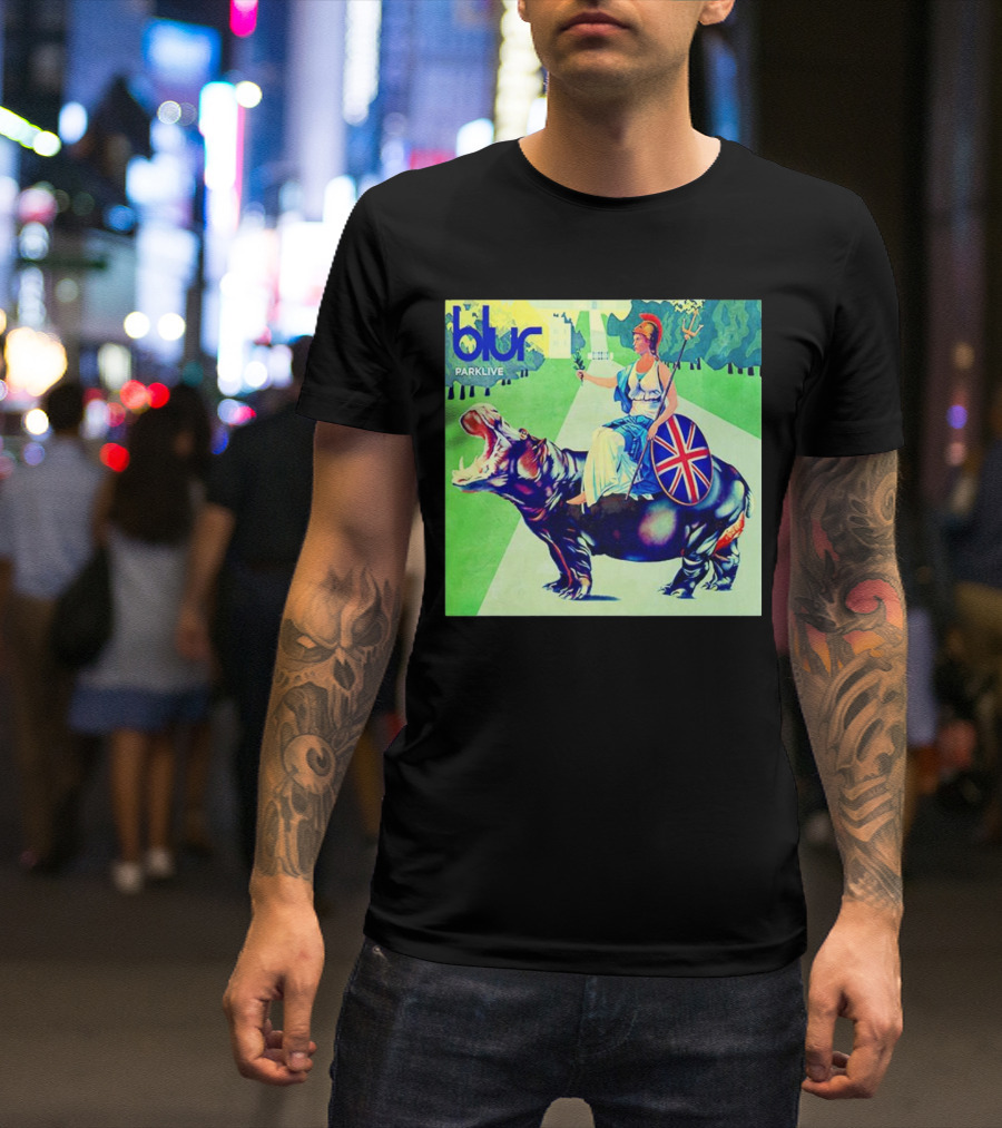 Blur Parklive Woman On Hippopotamus With Union Jack Shield T-Shirt