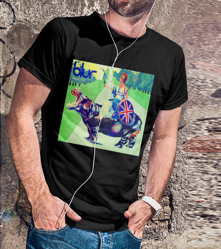 Blur Parklive Woman On Hippopotamus With Union Jack Shield T-Shirt