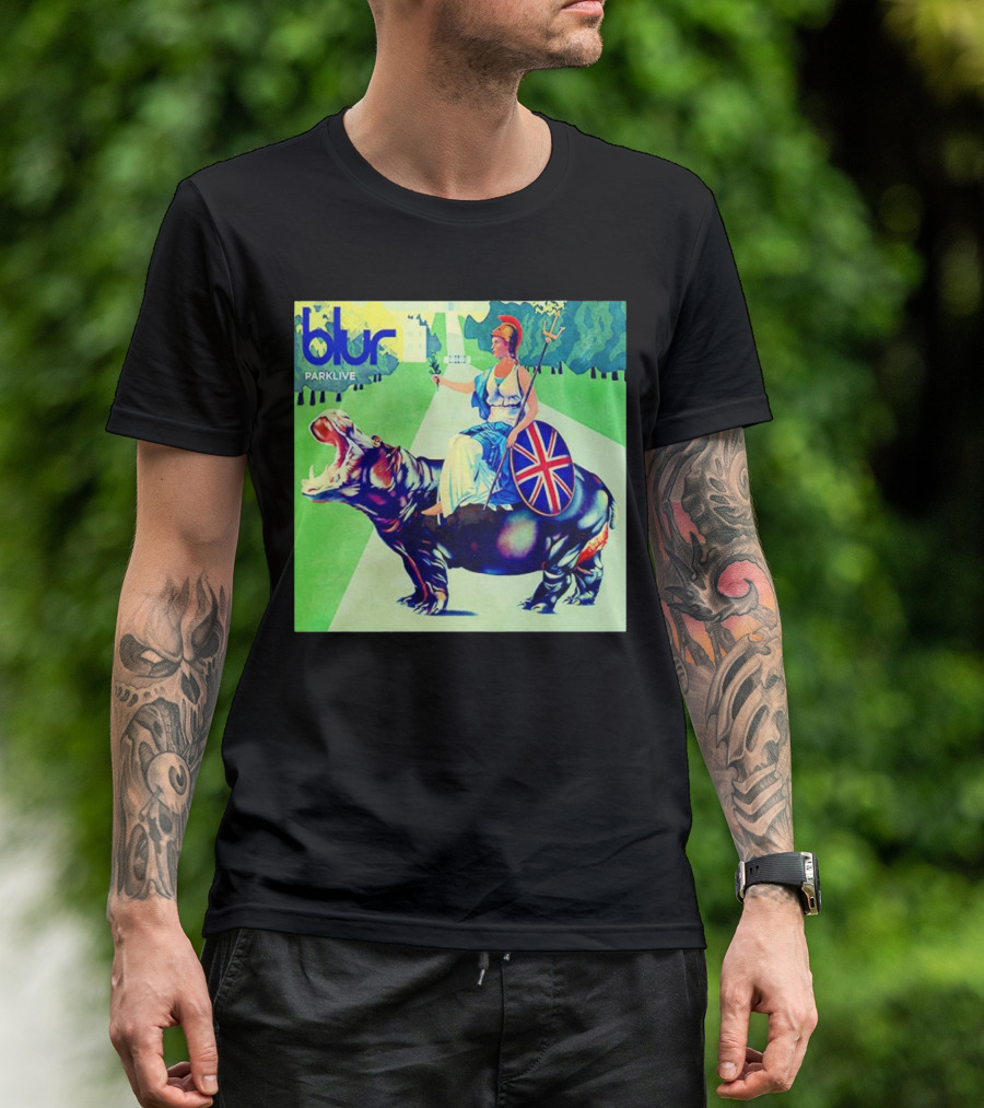 Blur Parklive Woman On Hippopotamus With Union Jack Shield T-Shirt