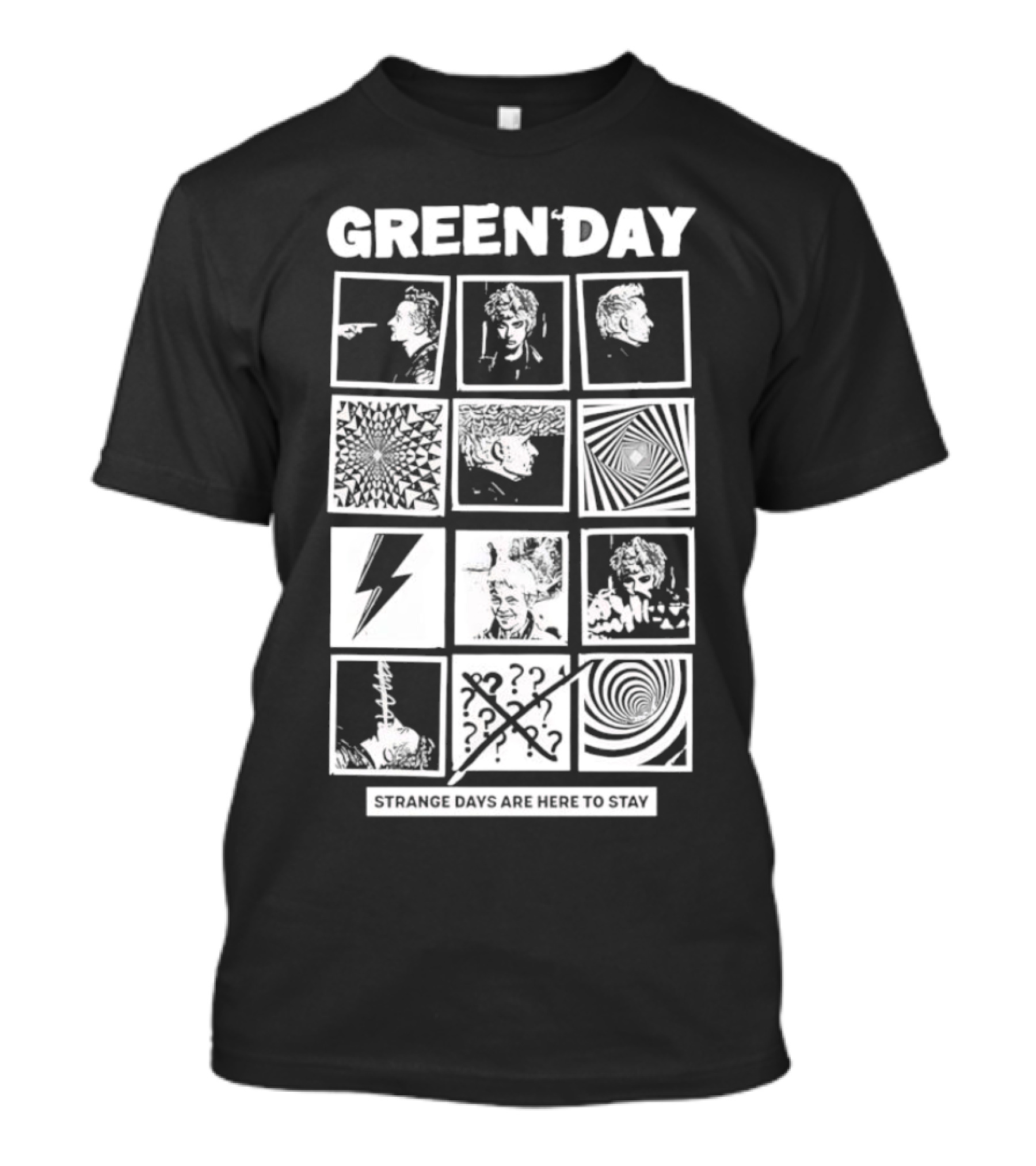 Green Day Strange Days Are Here To Stay Comic Strip Collage With Faces And Abstract T-Shirt