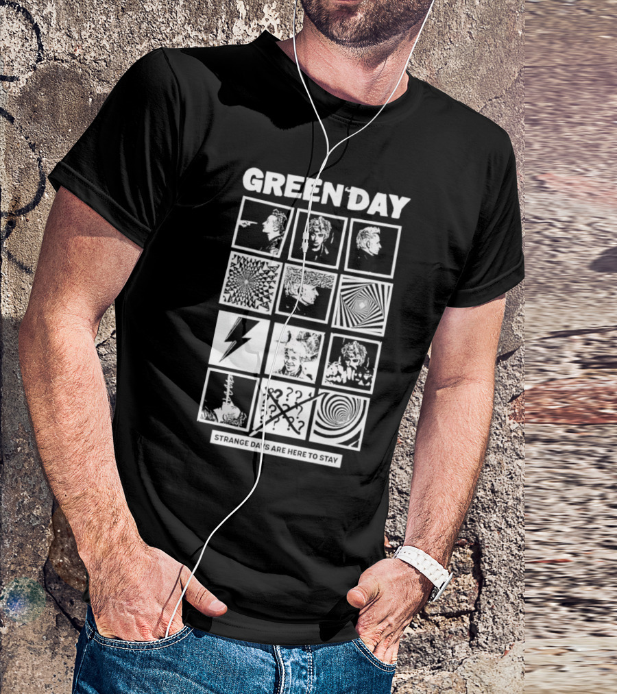 Green Day Strange Days Are Here To Stay Comic Strip Collage With Faces And Abstract T-Shirt