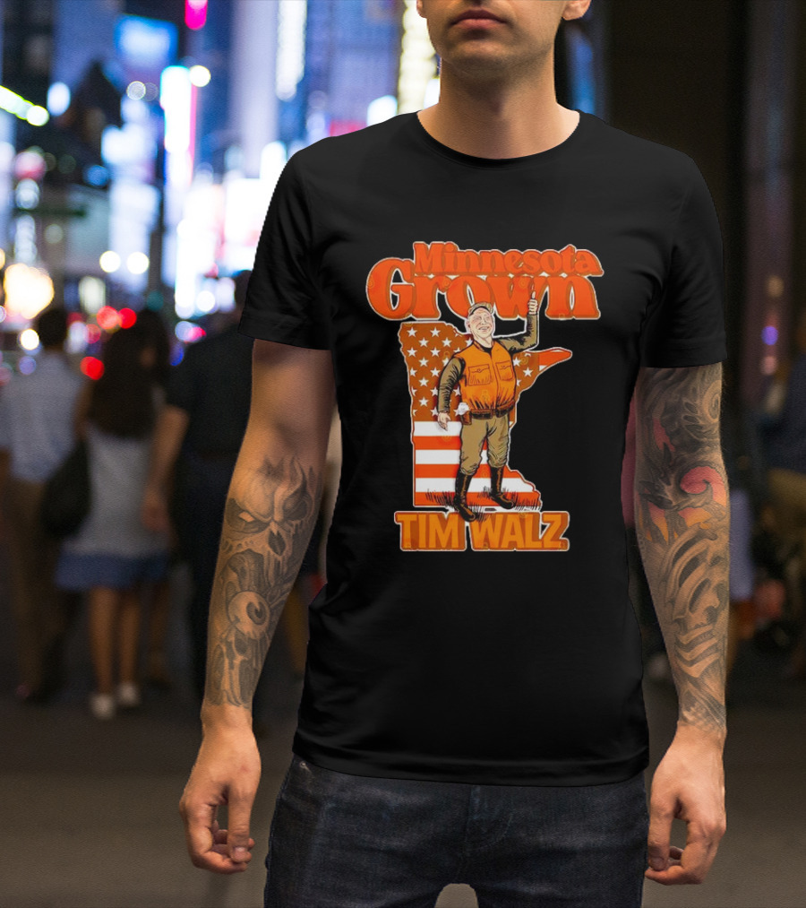Minnesota Grown Tim Walz Thumbs Up American Flag State Outline T-Shirt
