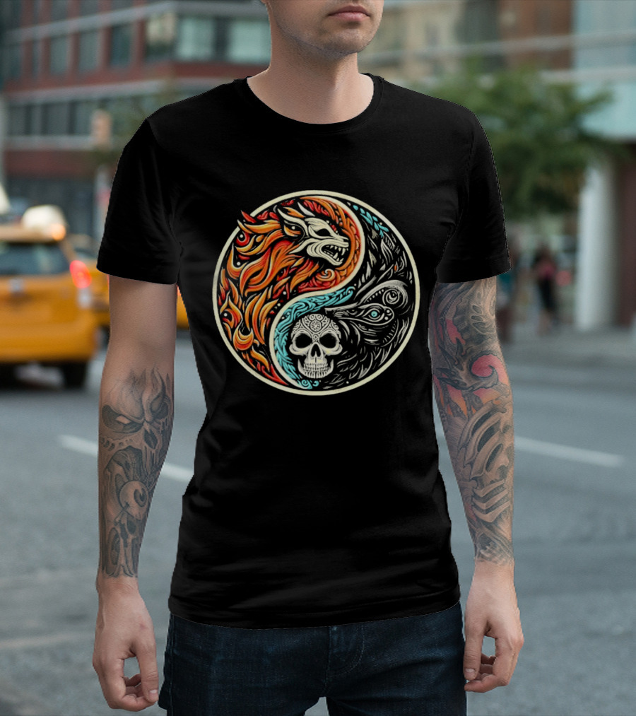 Wolf Warrior Yin Yang Skull Flame Elements T-Shirt
