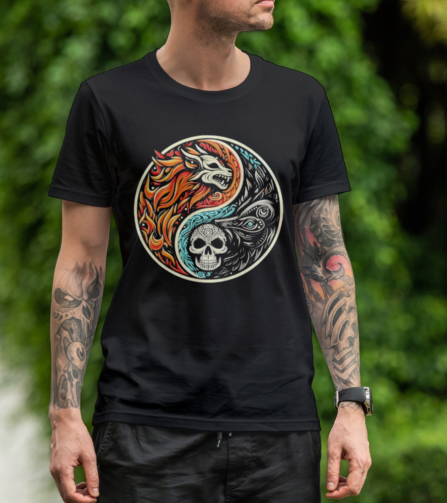 Wolf Warrior Yin Yang Skull Flame Elements T-Shirt