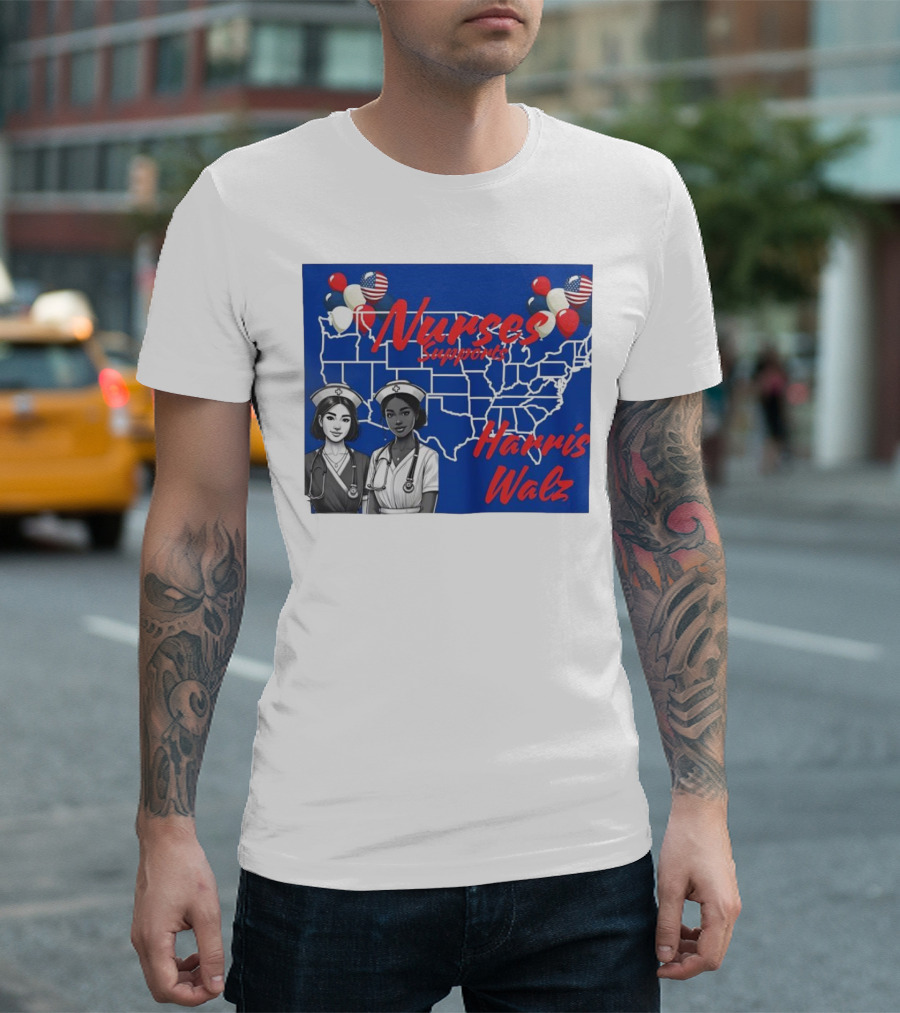 Nurses Supports Harris Walz 2024 United States Map Balloons T-Shirt