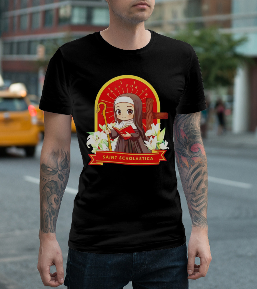 Saint Scholastica Pray for Us Cartoon Cute Nun Illustration with Cross and Flowers T-Shirt