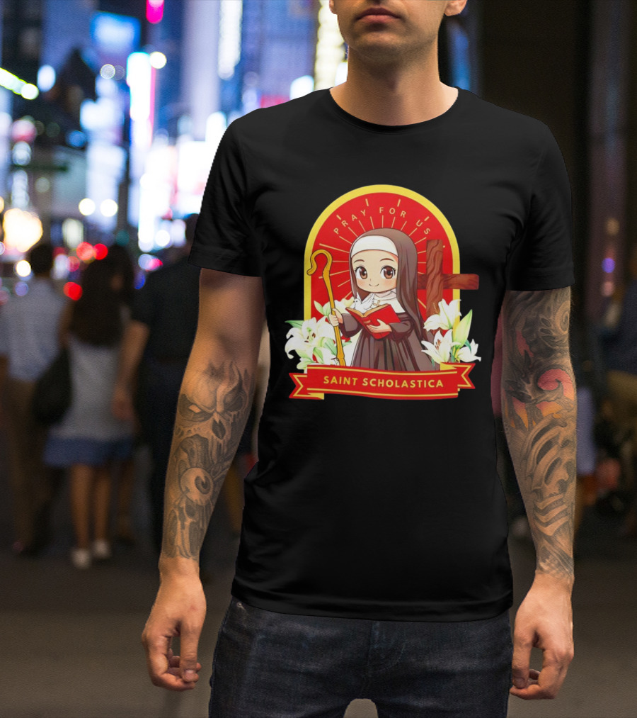 Saint Scholastica Pray For Us Cartoon Cute Nun Illustration With Cross And Flowers T-Shirt