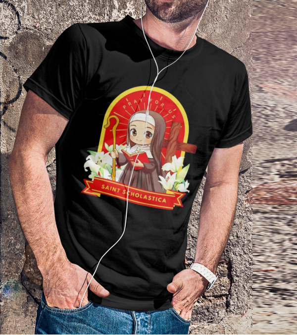 Saint Scholastica Pray For Us Cartoon Cute Nun Illustration With Cross And Flowers T-Shirt