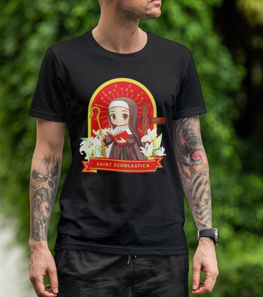 Saint Scholastica Pray For Us Cartoon Cute Nun Illustration With Cross And Flowers T-Shirt