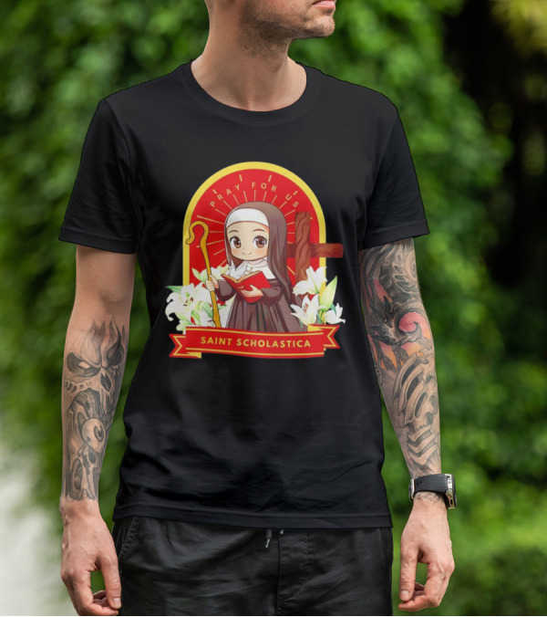 Saint Scholastica Pray For Us Cartoon Cute Nun Illustration With Cross And Flowers T-Shirt