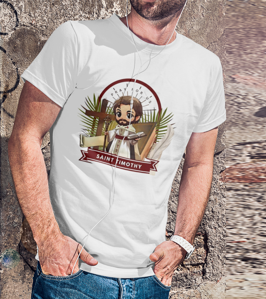 Saint Timothy Pray For Us Cartoon With Cross And Feather Motif T-Shirt