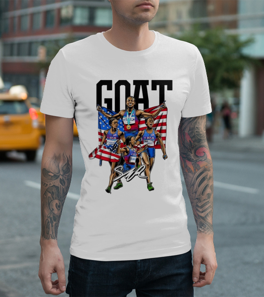 GOAT Sha’carri Richardson USA Flag Paris 2024 Signature Cartoon T-Shirt