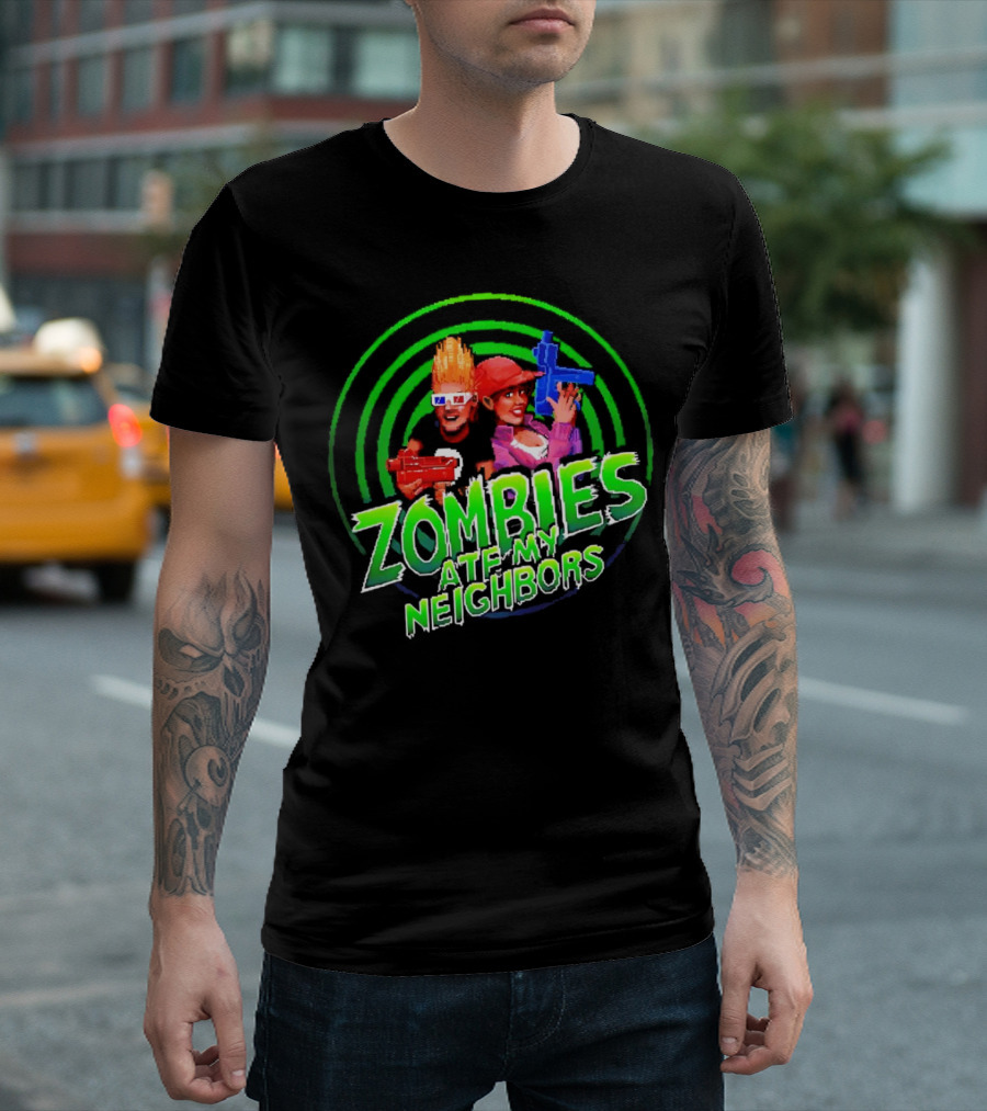 Zombies Ate My Neighbors Zombie Hunters Game Retro Style 90s Arcade Action Kids With Toy Blasters T-Shirt