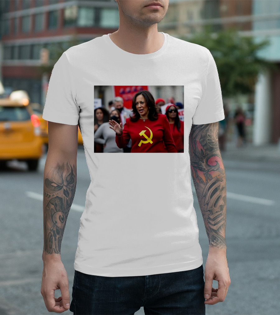 Kamala Harris Wearing Red Outfit with Yellow Hammer and Sickle T-Shirt