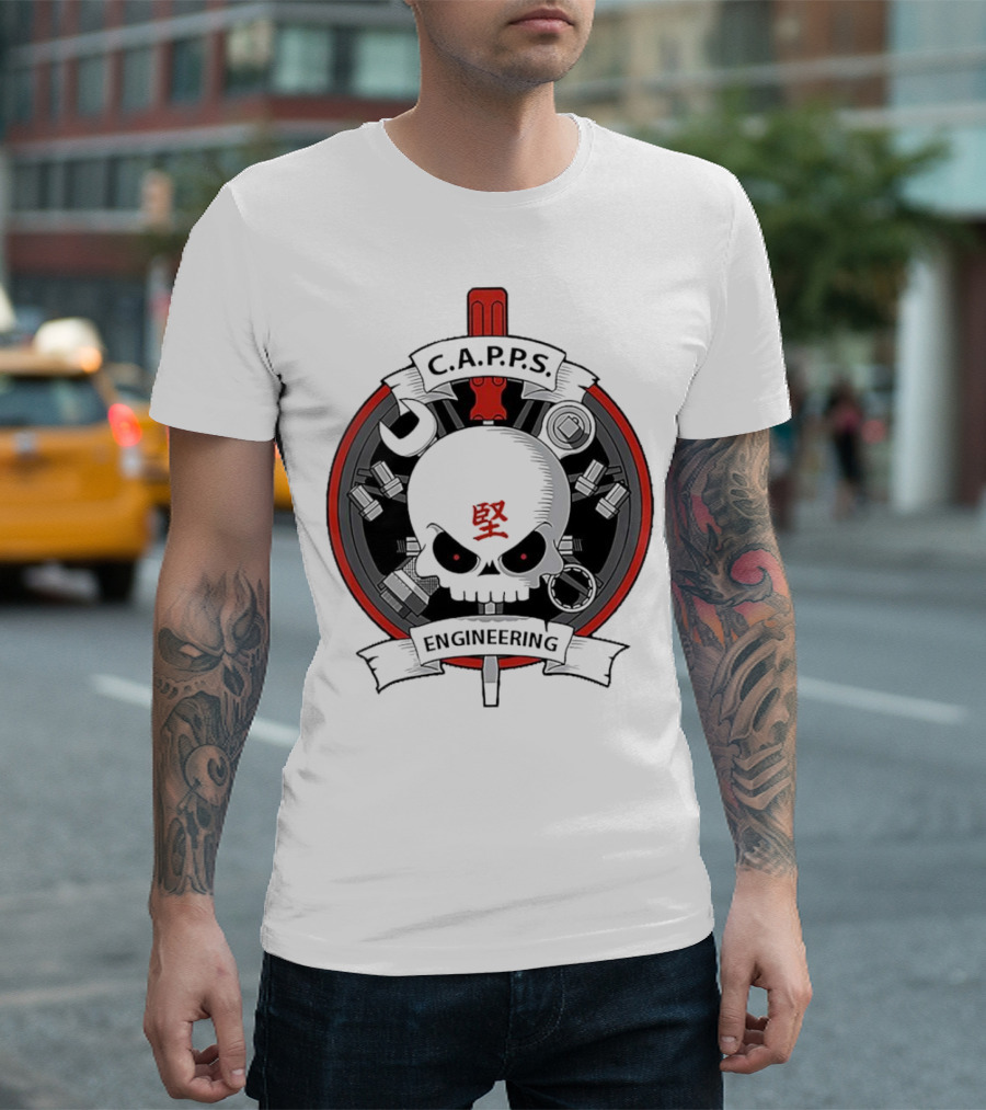 C.A.P.P.S. Engineering Skull with Tools and Red T-Shirt