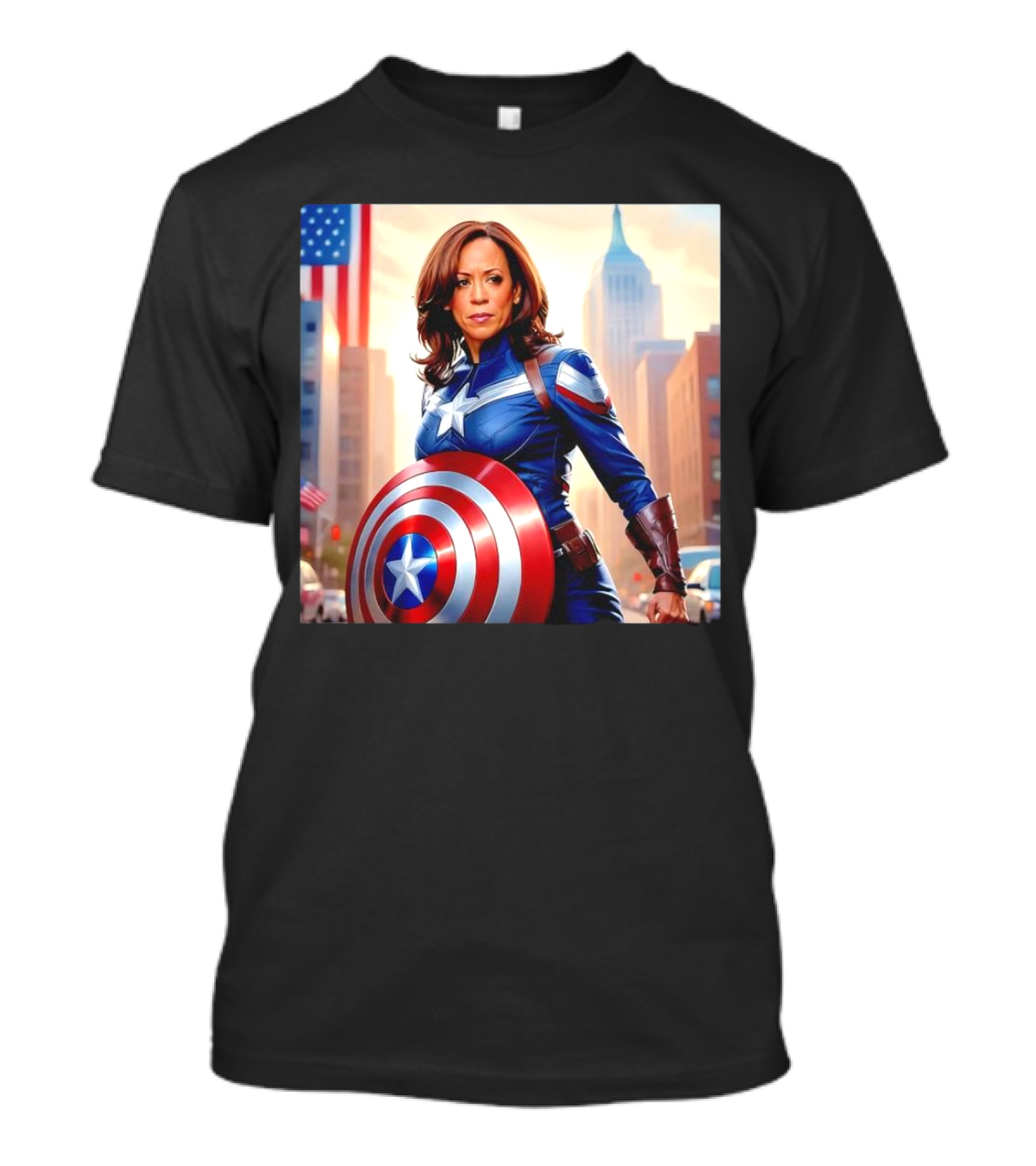 Captain America Kamala Harris Superhero Shield And Flag Background T-Shirt