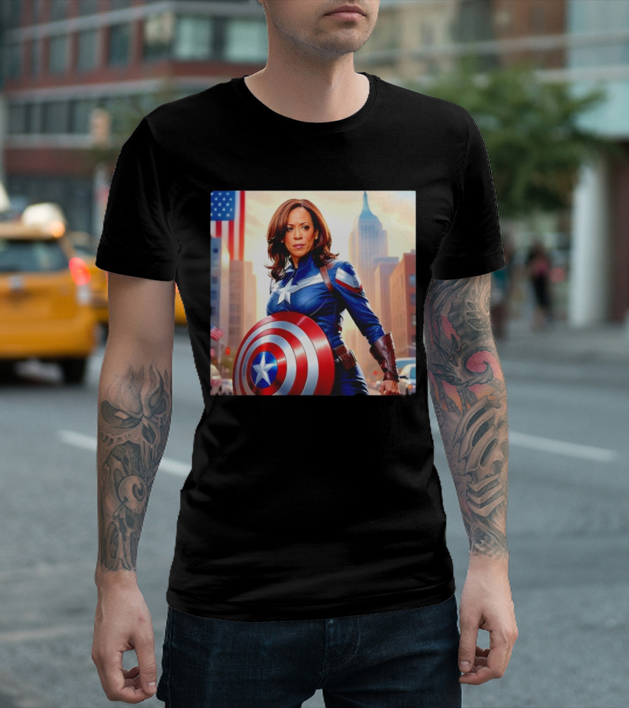 Captain America Kamala Harris Superhero Shield And Flag Background T-Shirt
