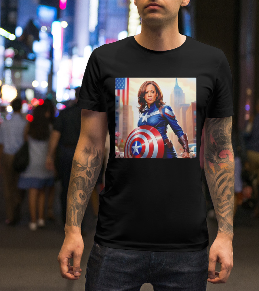 Captain America Kamala Harris Superhero Shield And Flag Background T-Shirt