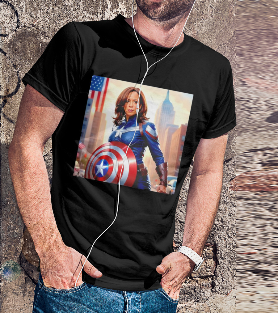 Captain America Kamala Harris Superhero Shield And Flag Background T-Shirt