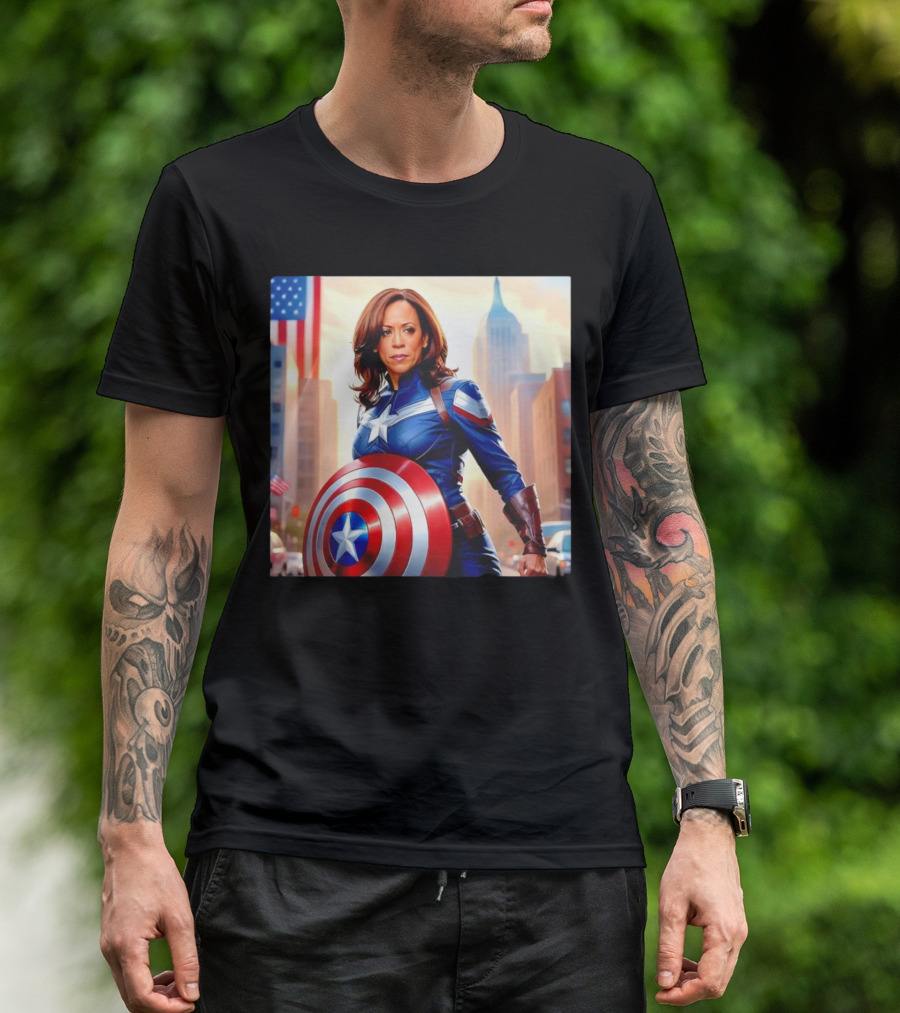 Captain America Kamala Harris Superhero Shield And Flag Background T-Shirt
