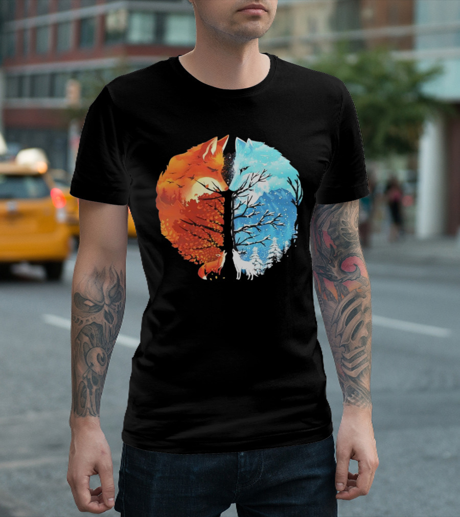 Fire and Ice Fox Dual Seasons Tree T-Shirt