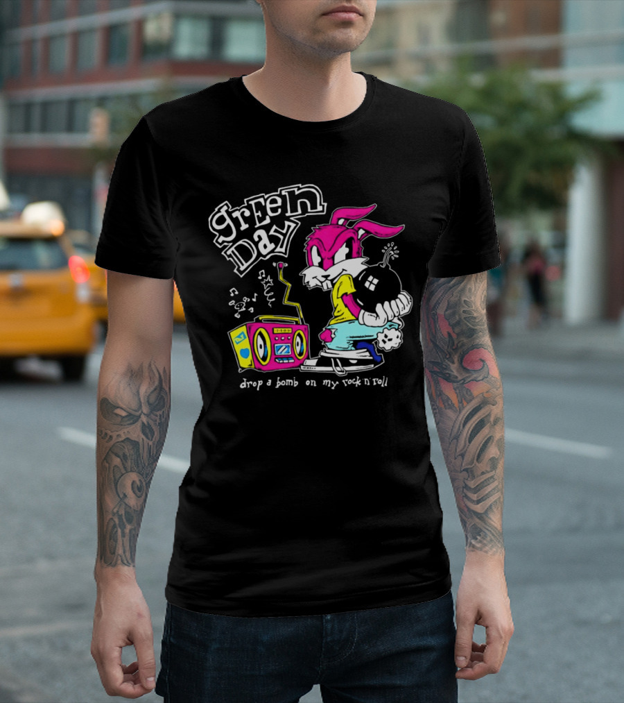 Green Day Drop a Bomb on My Rock ‘N’ Roll Pink Rabbit and Boombox T-Shirt