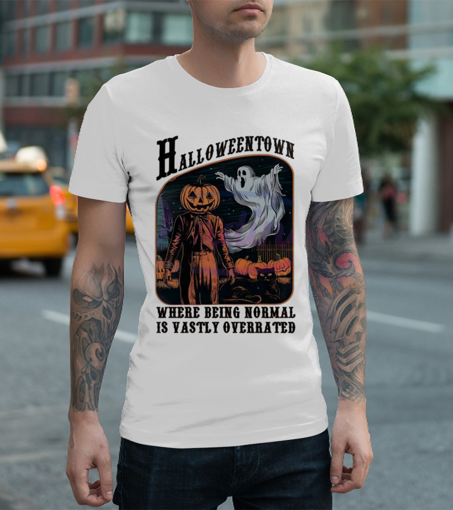 Halloweentown Pumpkin Head and Ghost with Black Cat Where Being Normal Is Vastly Overrated T-Shirt