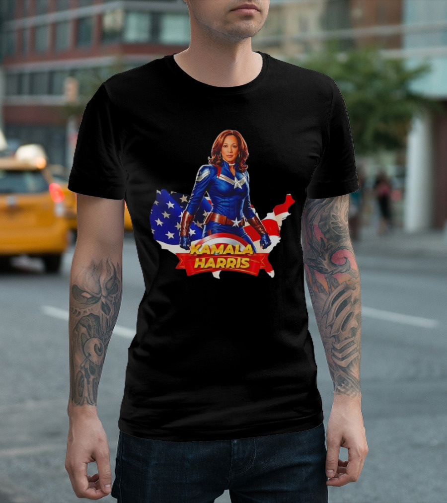 Kamala Harris as Captain America Stars and Stripes US Flag Map T-Shirt